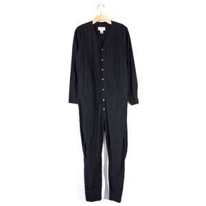 SEEKER Long Sleeve Button Down Utility Jumpsuit in Black Hem Cotton Unisex Small